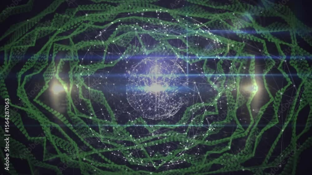 Poster green ribbon encircling sphere initiating rotating lattice while sparkles lighting network in loop