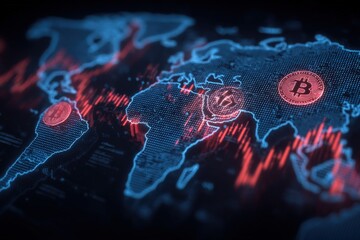 Digital Cryptocurrency World Map with Bitcoin and Data Analytics Represented as Lines and Graphs on Dark Background