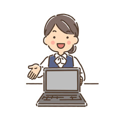 パソコン画面を見せながら説明をする事務服の若い女性