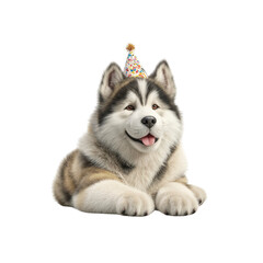 Adorable Alaskan Malamute Puppy Wearing a Birthday Party Hat