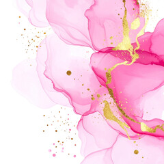 Abstract, painterly floral design in shades of pink and white, with gold accents
