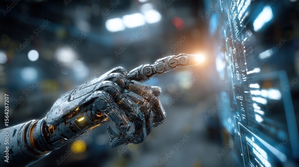 Poster Futuristic Robot Hand Interacting with Transparent Digital Touchscreen Interface in High Tech Urban Environment