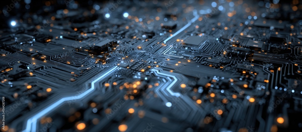 Poster Intricate Close-Up of a High-Tech Computer Circuit Board with Electronic Components and Illuminated Pathways in a Dark Environment
