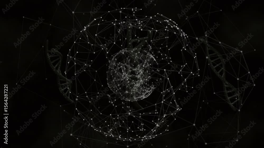 Poster glowing node cluster emerging linking points, forming rotating sphere beside pivoting helix pair
