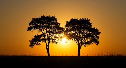 Sunset with two trees silhouette landscape