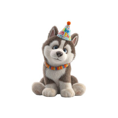 Adorable Husky Puppy in Birthday Hat, 3D Render
