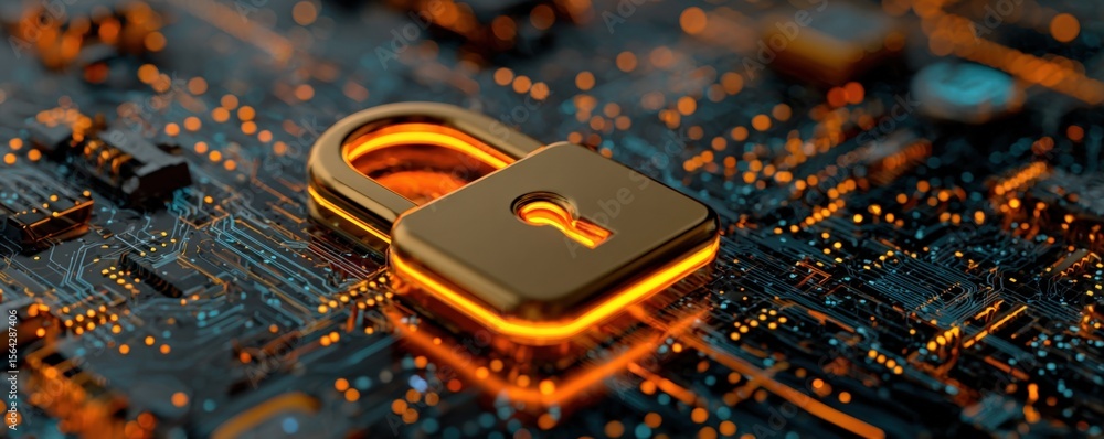 Poster Close Up of Digital Security Lock Icon on Modern Circuit Board Background with Data Security Concept and Technology Protection