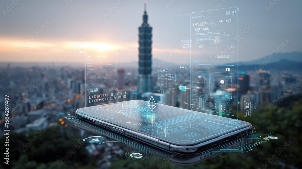 Poster futuristic smart technology concept with holographic digital interface overlay on smartphone against