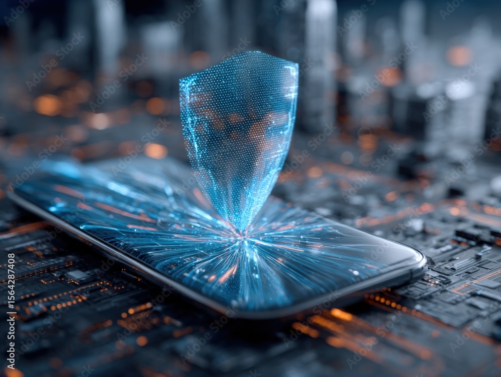 Poster Futuristic digital shield projection emerging from smartphone with glowing hologram in high-tech cyber security concept