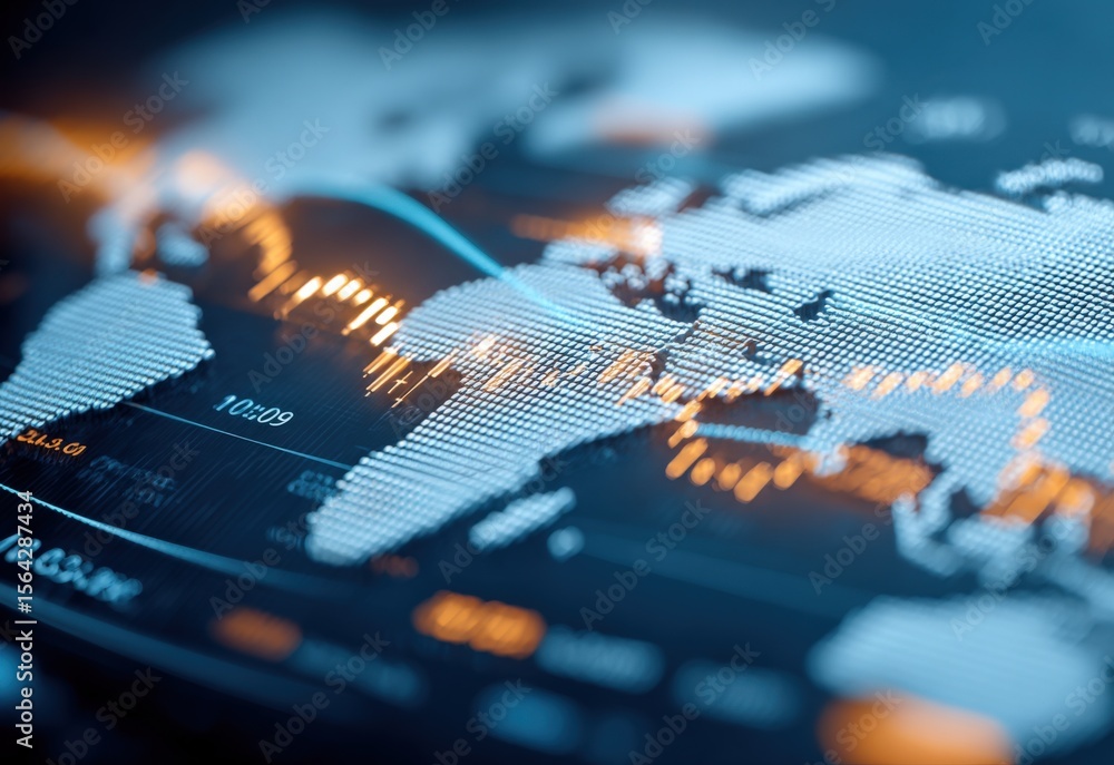 Poster Global Digital Financial Data and Analytics Visualization with World Map and Data Points for Business and Technology Insights