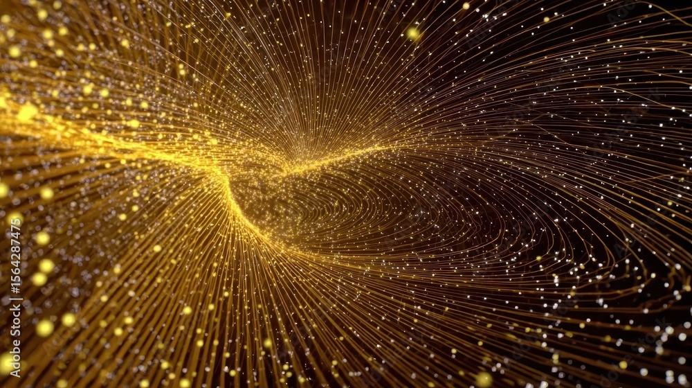 Poster golden swirling lines and particles create a dynamic abstract design.