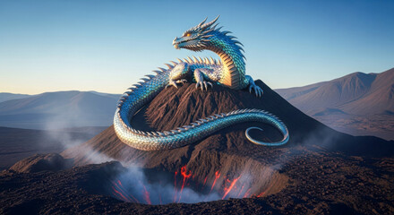 A shimmering blue dragon rests atop an active volcano, surrounded by smoke and lava, creating a powerful and mystical fantasy scene at sunrise.