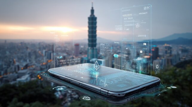 Futuristic smart technology concept with holographic digital interface overlay on smartphone against cityscape sunset background