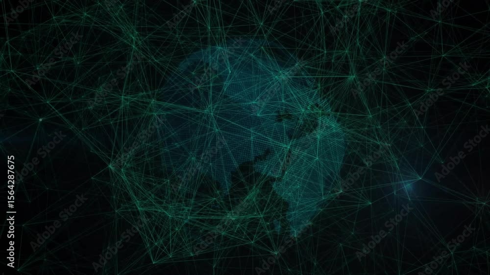 Poster teal cluster appearing and connecting, forming rotating globe with pulsing nodes visualizing data