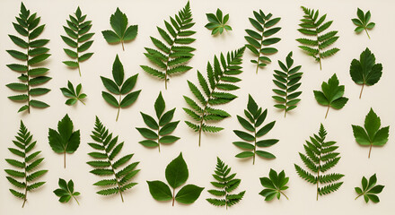A flat lay arrangement of various green leaves on a cream background, showcasing diverse leaf shapes and sizes.