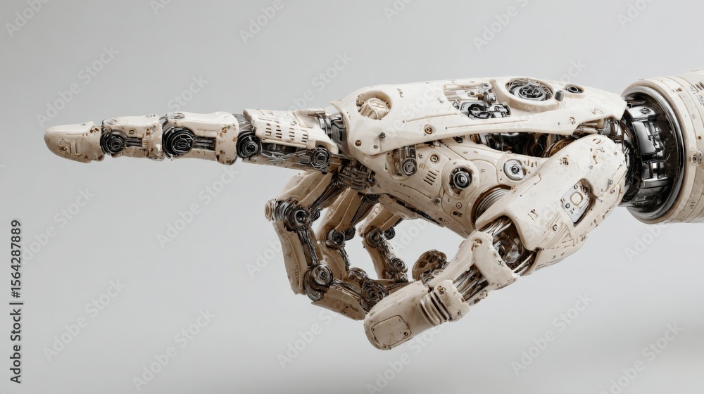 Poster Close-up of detailed futuristic robotic hand with mechanical joints and intricate design, pointing with index finger against plain background