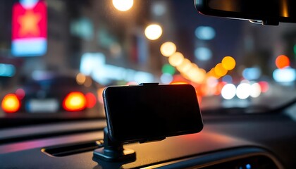 Smartphone mounted on a car dashboard at night with city lights in the background providing a blurred and illuminated cityscape, created with generative ai