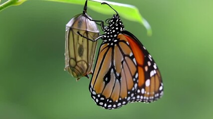 Monarch Butterfly Emerging From Chrysalis on a Green Leaf in Nature Close Up
