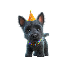 Adorable Scottish Terrier Puppy in Party Hat and Festive Collar