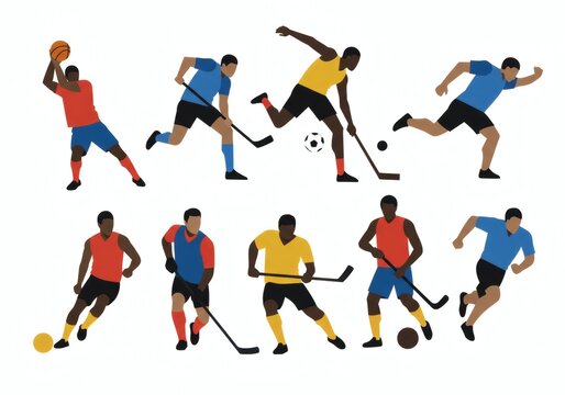 Dynamic minimalist vector showcasing diverse athletes in team sports, ideal for sports marketing and active lifestyle content