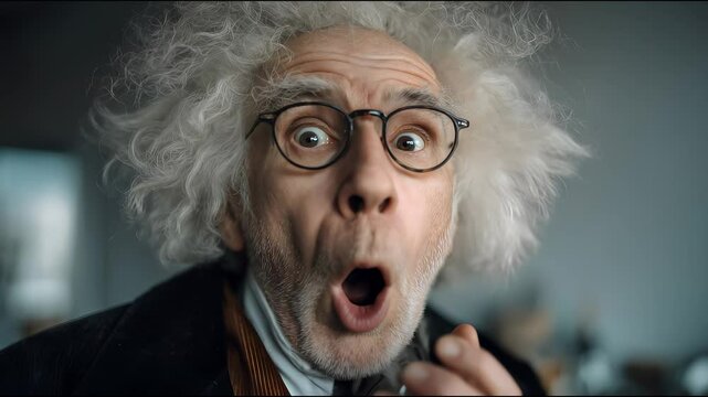 Old crazy scientist with white curly hair and glasses, looking at the camera, with surprise expression, while his mouth open.