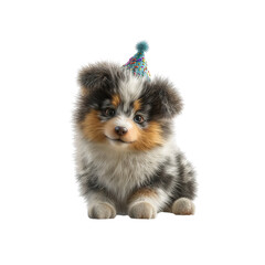Adorable Australian Shepherd Puppy Wearing a Birthday Party Hat