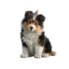 Adorable Shetland Sheepdog Puppy Wearing a Party Hat