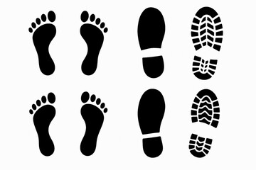 Footprint Icon Vector Set - Human Barefoot, Shoe, Boot, and Sneaker Track Silhouette Collection
