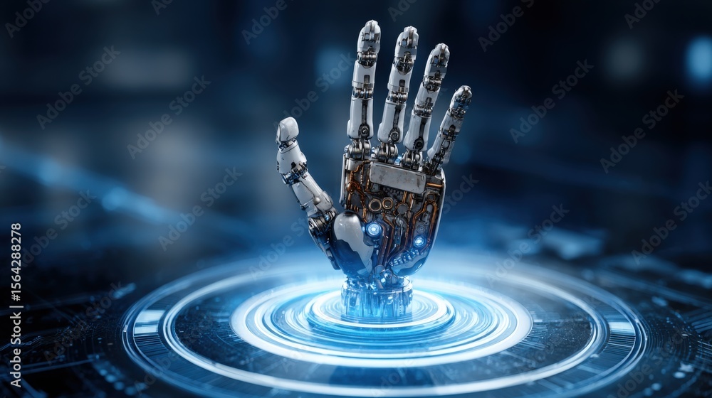 Poster highly detailed robotic hand emerging from digital water with futuristic blue glowing background and