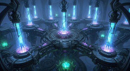 A futuristic energy core facility with glowing blue and green crystal pillars connected by intricate metallic structures in a sci-fi environment.