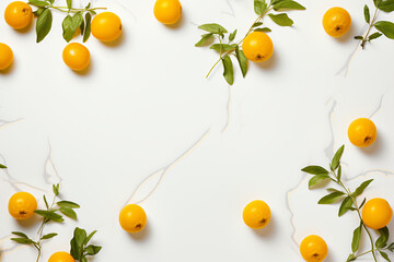 Scattered small fresh yellow cherry tomatoes with green leaves on white background top view flat lay