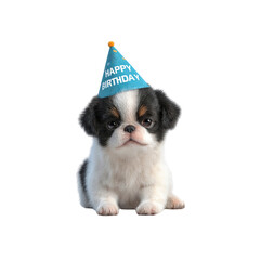 Adorable Japanese Chin Puppy Wearing a Happy Birthday Party Hat