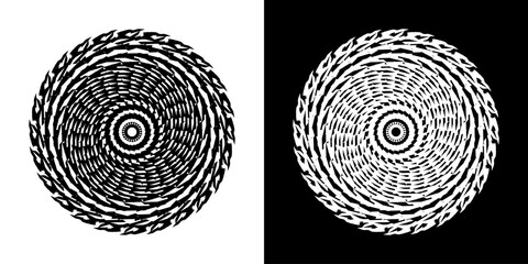 Abstract background with line pattern forming circle. Spiral art design as logo or icon. Black lines on white background and same white lines on black side. Mandala with line pattern.