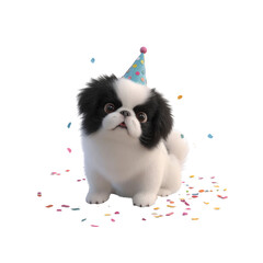 Adorable Japanese Chin Puppy in Party Hat with Confetti