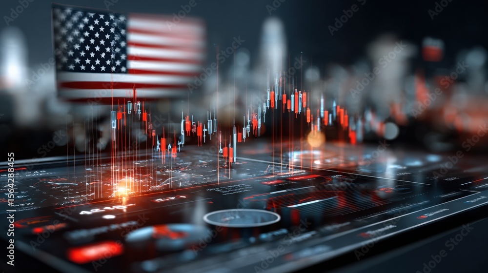 Poster wide-angle view of a music mixing console with digital o controls, american flag waving over blurred