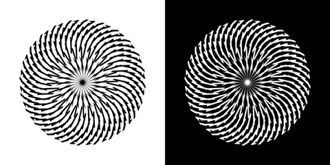 Abstract background with line pattern forming circle. Spiral art design as logo or icon. Black lines on white background and same white lines on black side. Mandala with line pattern.