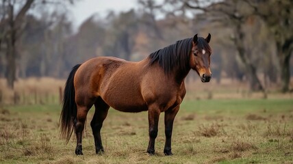 Fototapeta premium Brown Horse on Meadow Closeup, Outdoor Pasture Animal, Healthy Domestic Horse, Rural Livestock Nature Scene