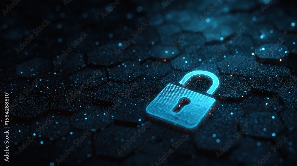 Poster Close-up of illuminated padlock icon on a digital hexagonal pattern background symbolizing cybersecurity and data protection in modern technology