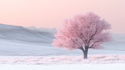 A solitary pink tree in a wintery landscape with hills and a soft pink sky in the background.