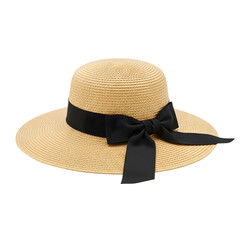 Elegant straw sun hat with a classic black ribbon provides shade and style for outdoor adventures or a chic summer look, transparent background