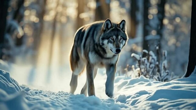 A majestic wolf walks through a snowy forest path illuminated by the bright sunlight behind trees animal video