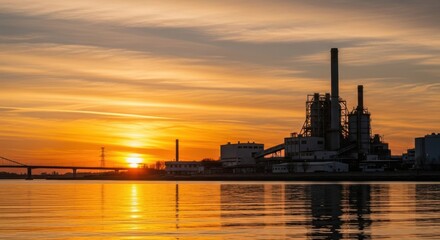 Obraz premium Majestic Industrial Landscape Illuminated by a Fiery Sunset Reflected on the Calm Water