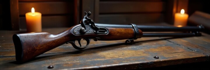 Naklejka premium Antique musket rests on weathered pirate desk, candlelight illuminates , exploration, gold