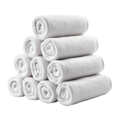 A neat stack of rolled white spa towels displaying softness and cleanliness perfectly isolated on white transparent background PNG
