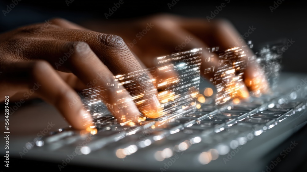 Aufkleber Close-up of hands typing on a futuristic transparent holographic keyboard with glowing digital data and light effects under dark background