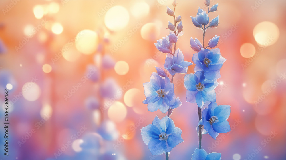 Poster blue delphinium flowers with dreamy bokeh background create serene and enchanting atmosphere