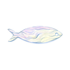 Wooden fish, driftwood decor, beach decoration, ocean shore souvenir, pastel colors on white background. Single isolated object. Hand drawn watercolor illustration