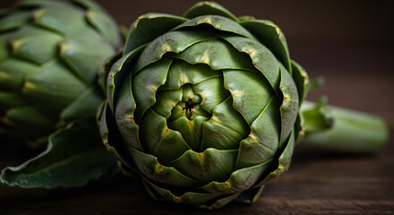 Fototapeta premium Fresh Green Artichoke with Bright, Layered Leaves on Dark Wooden Surface