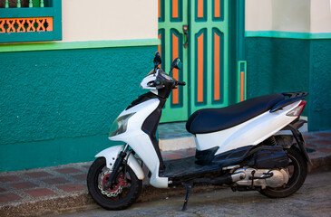 Motorcycle at the beautiful streets of the Heritage Town of Jerico located in the Department of Antioquia in Colombia.