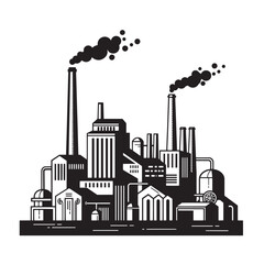 Obraz premium Black and white illustration of a factory silhouette emitting smoke from chimneys depicting industrial pollution